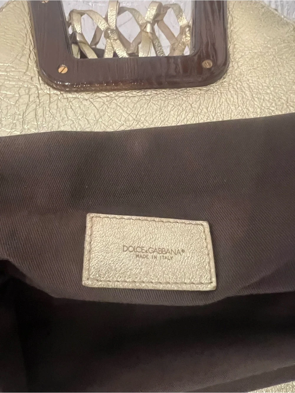 Dolce & Gabbana Gold Metallic Net Tote with Brown Interior Trim